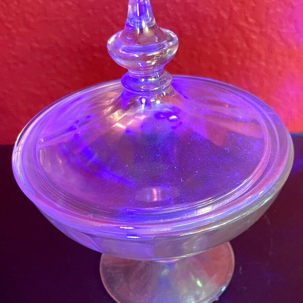 Rare RAINBOW VASELINE CARNIVAL IRIDESCENT GLASS Blue Pink Lidded Compote!